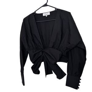 L'Academie Women's Cotton Cropped Wrap Blouse Button Cuff Black Size S